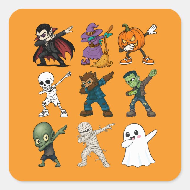 Funny Halloween Characters Dabbing Square Sticker (Front)