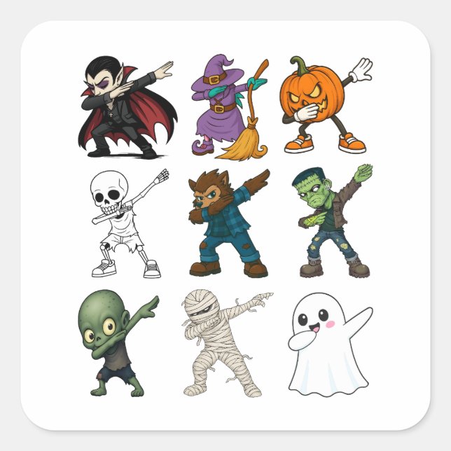 Funny Halloween Characters Dabbing Square Sticker (Front)