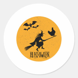 Funny Halloween, Chicken Rides Shotgun Witch Broom Classic Round Sticker