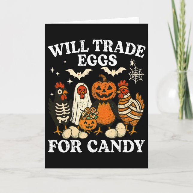 Funny Halloween Chicken Trade Eggs For Candy Trick Card (Front)