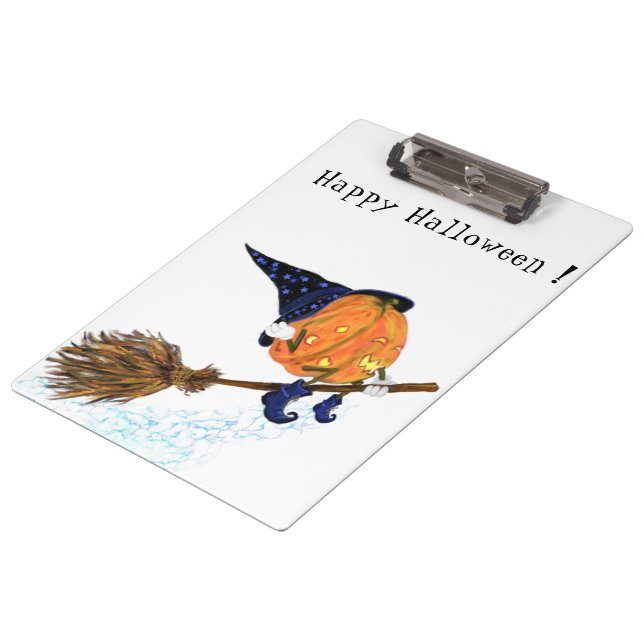 Funny Halloween Clipboard Witch Pumpkin Flying (Angled)