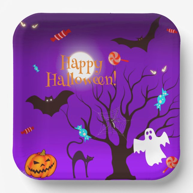 Funny Halloween creatures and candies Paper Plate (Front)
