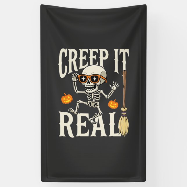 Funny Halloween Creep It Real Dancing Skeleton Des Banner (Vertical)