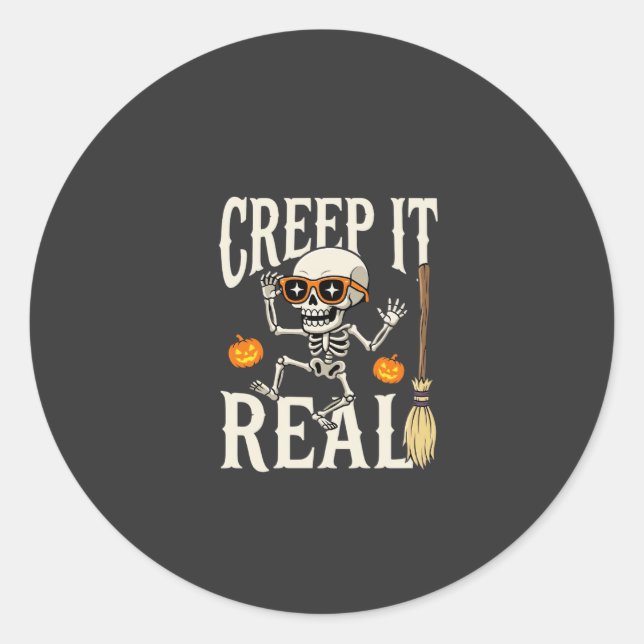 Funny Halloween Creep It Real Dancing Skeleton Des Classic Round Sticker (Front)