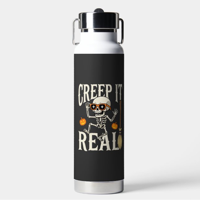 Funny Halloween Creep It Real Dancing Skeleton Des Water Bottle (Front)