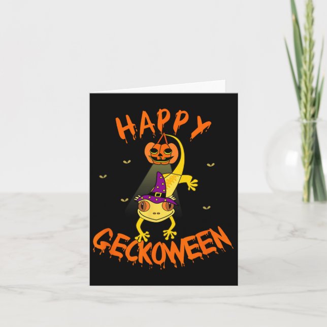 Funny Halloween Cute Crested Eyelash Gecko Pumpkin Card (Front)
