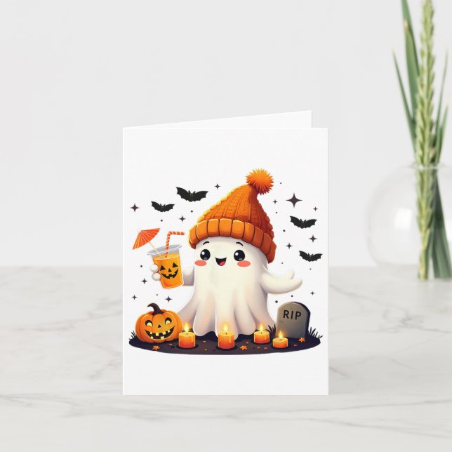 Funny Halloween Cute Ghost Drinking Ice Coffee Wom Card (Front)