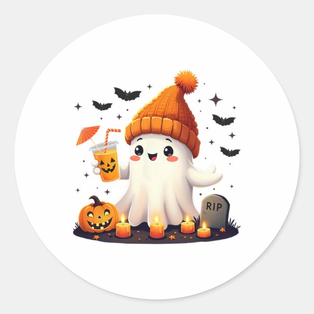 Funny Halloween Cute Ghost Drinking Ice Coffee Wom Classic Round Sticker (Front)