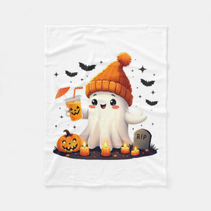 Funny Halloween Cute Ghost Drinking Ice Coffee Wom Fleece Blanket
