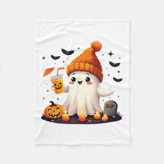 Funny Halloween Cute Ghost Drinking Ice Coffee Wom Fleece Blanket (Front)
