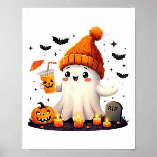 Funny Halloween Cute Ghost Drinking Ice Coffee Wom Poster