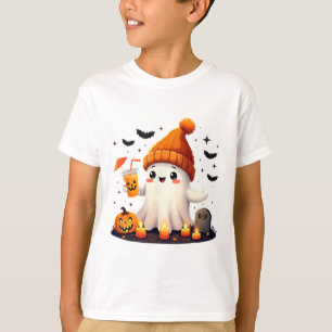 Funny Halloween Cute Ghost Drinking Ice Coffee Wom T-Shirt
