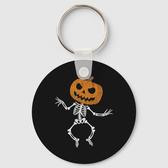 Funny Halloween Cute Skeleton Pumpkin Skull Dabbin Key Ring (Front)