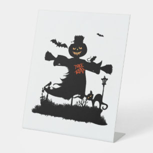 Funny halloween design with scarecrow pedestal sign
