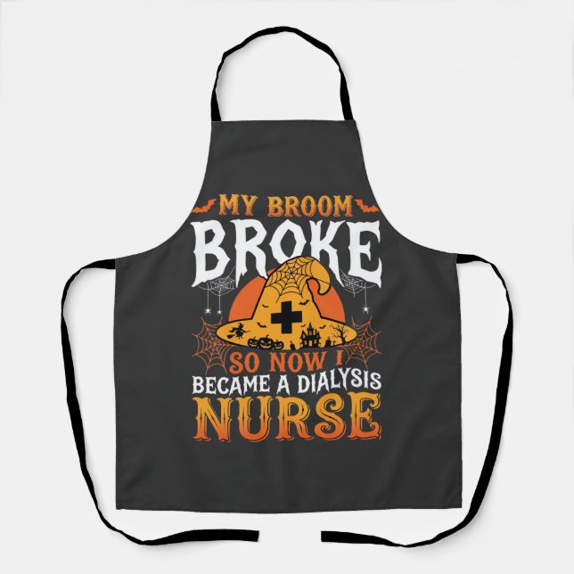 Funny Halloween Dialysis Nurse Witch Broom Design Apron (Front)