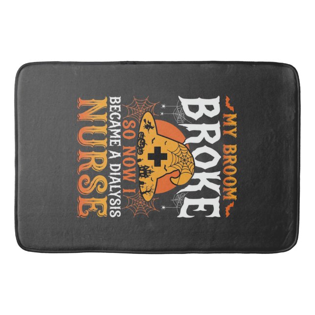 Funny Halloween Dialysis Nurse Witch Broom Design Bath Mat (Front)