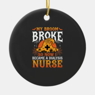 Funny Halloween Dialysis Nurse Witch Broom Design Ceramic Tree Decoration
