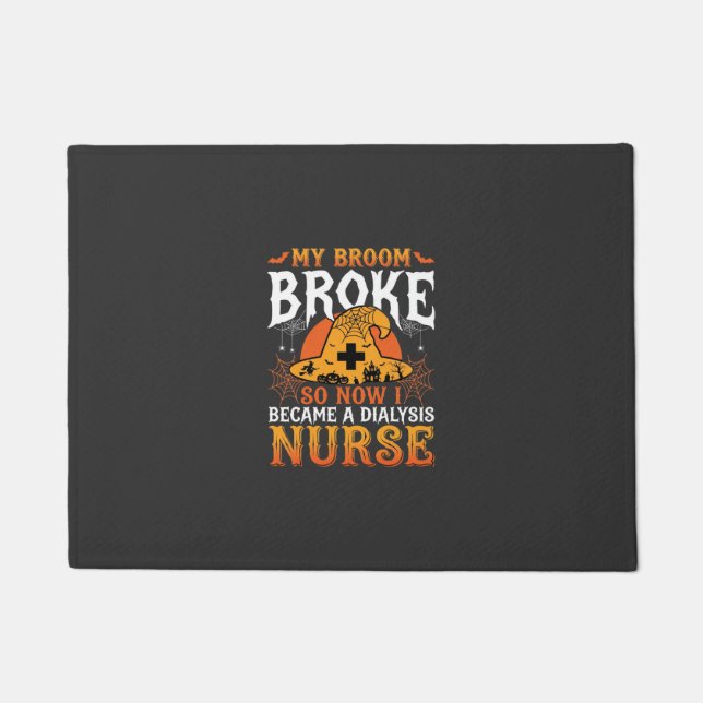 Funny Halloween Dialysis Nurse Witch Broom Design Doormat (Front)