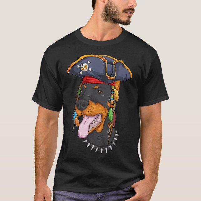 Funny Halloween Doberman Costume Scary Pirate Hat  T-Shirt (Front)