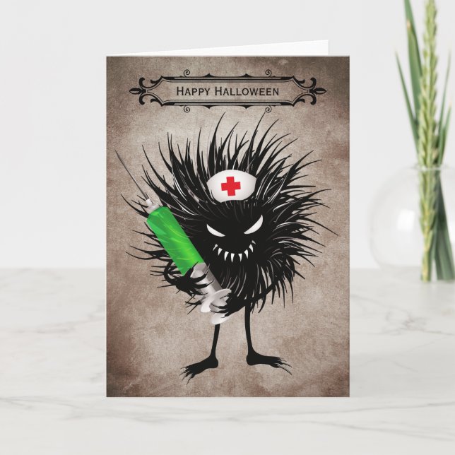 Funny Halloween Evil Bug With Syringe Card (Front)