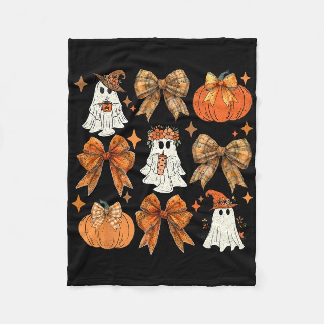 Funny Halloween Fall Coquette Bow Pumpkin Cute Gho Fleece Blanket (Front)
