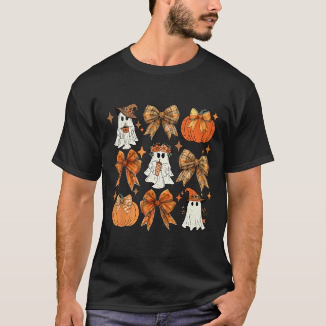 Funny Halloween Fall Coquette Bow Pumpkin Cute Gho T-Shirt (Front)