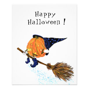 Funny Halloween Flyer Witch Pumpkin Flying Broom