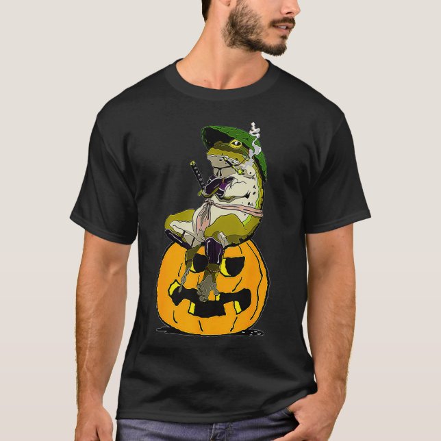 Funny Halloween Frog Pumpkin Samurai Frog  T-Shirt (Front)