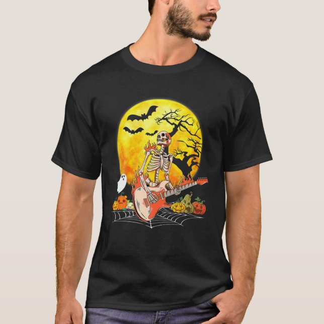 Funny Halloween Funny Skeleton Playing Guitar Pump T-Shirt (Front)