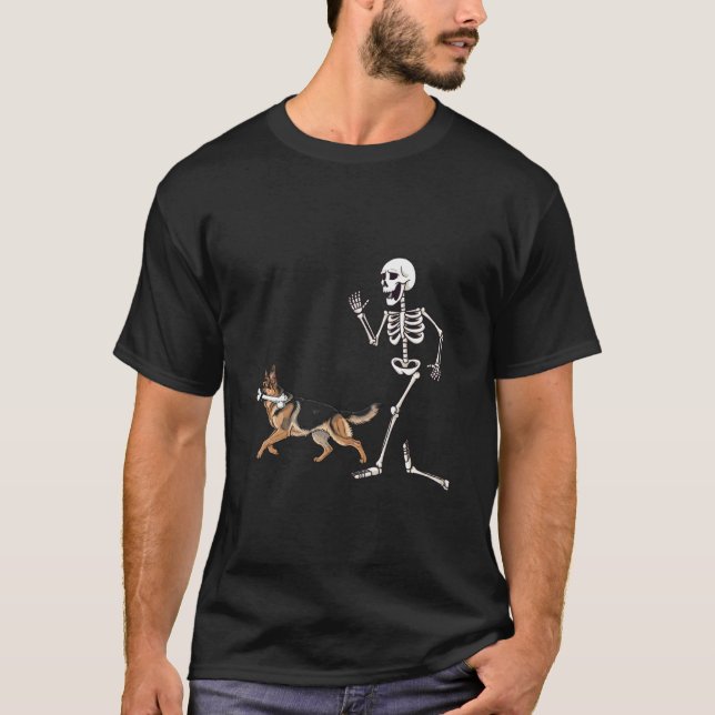 Funny Halloween German Shepherd and Skeleton T-Shirt (Front)