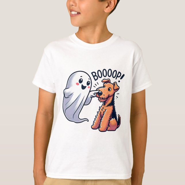 Funny Halloween Ghost Airedale Terrier Boop Lazy C T-Shirt (Front)