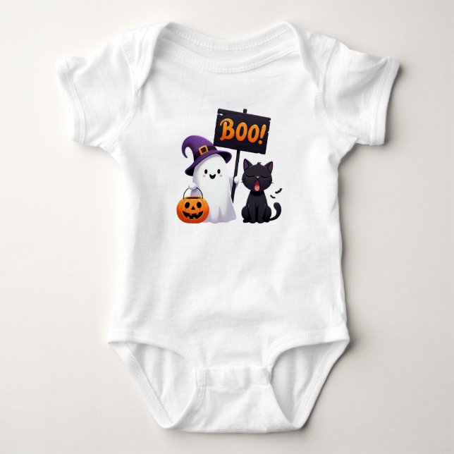 Funny Halloween Ghost and Unimpressed Cat Cartoon  Baby Bodysuit (Front)