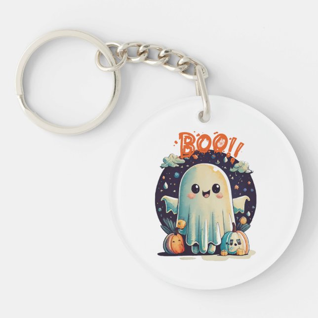Funny Halloween Ghost Boo in Galaxy Key Ring (Front)