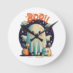 Funny Halloween Ghost Boo in Galaxy Round Clock