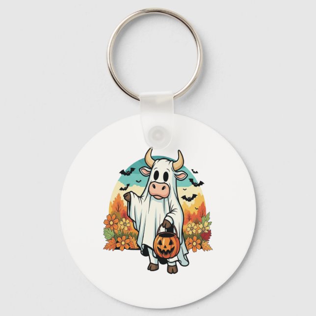 Funny Halloween Ghost Cow Key Ring (Front)