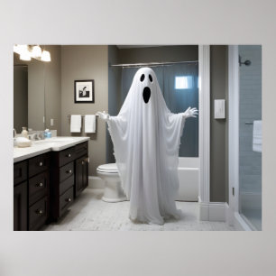 Funny Halloween ghost in bathroom toilet Poster