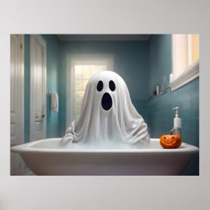 Funny Halloween ghost in bathroom toilet Poster