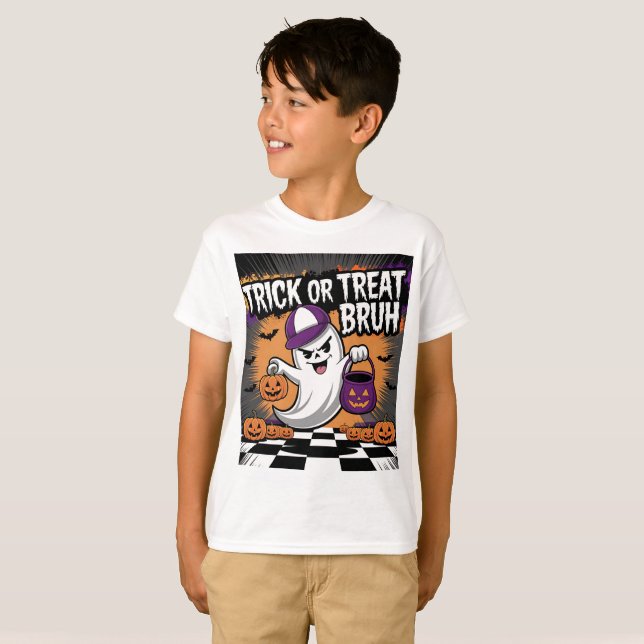 Funny Halloween Ghost & Pumpkins T-Shirt (Front Full)