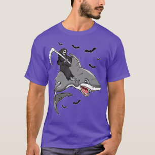 Funny Halloween Grim Reaper Skeleton Riding Shark T-Shirt