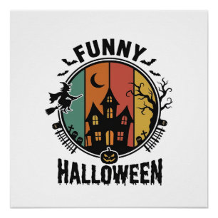 Funny Halloween Haunted House Vintage Vector Desig Poster