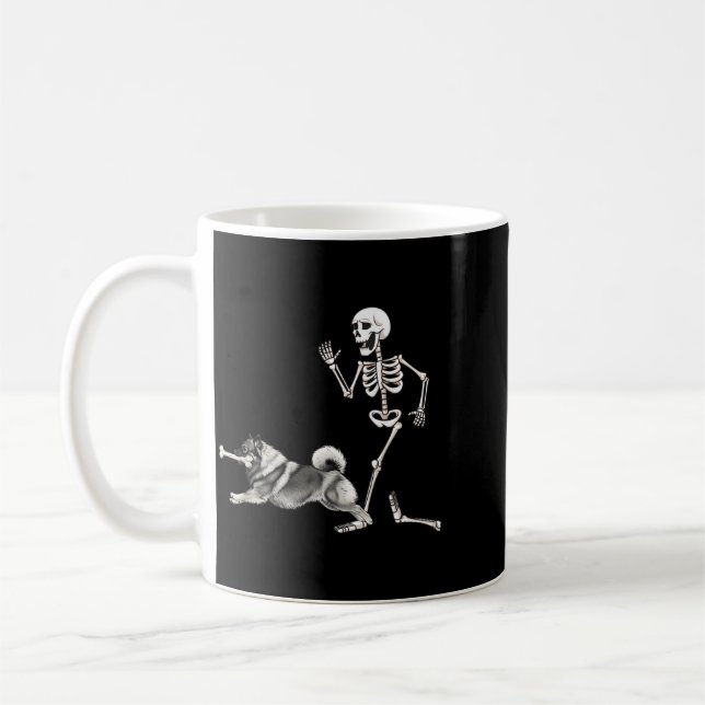 Funny Halloween Keeshond And Skeleton Coffee Mug (Left)