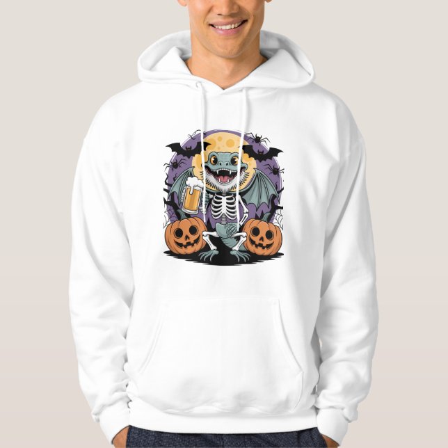 Funny Halloween Lizard Skeleton with Beer Hoodie (Front)