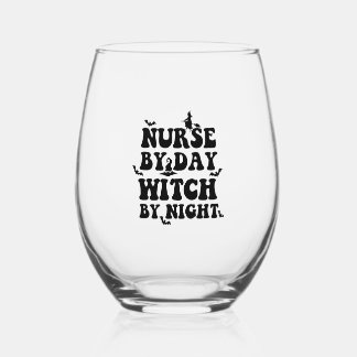 Funny Halloween Nurse By Day Witch By Night 2 Stemless Wine Glass