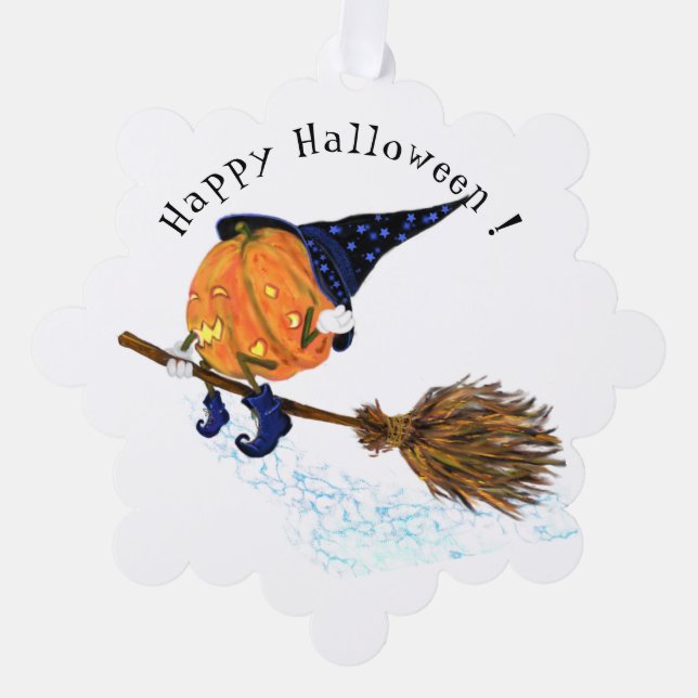 Funny Halloween Ornament Card Witch Pumpkin Flying (Front)