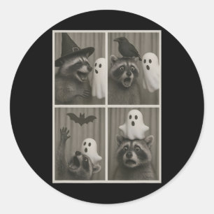 Funny Halloween Party Racoon Photo Cabin Design Classic Round Sticker