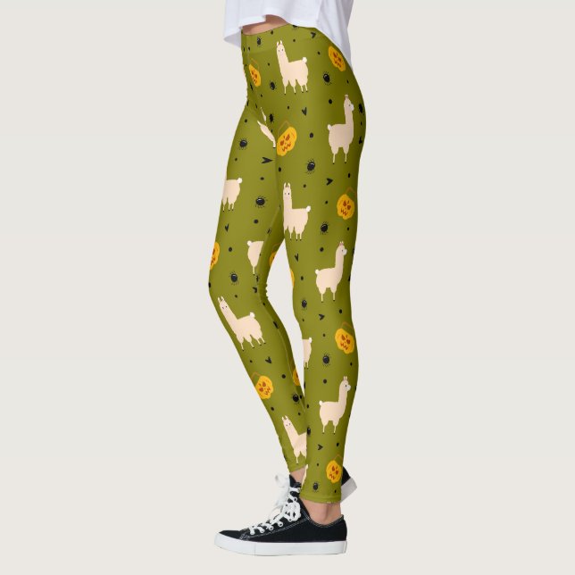 Funny Halloween Pattern Scary Pumpkin Llama Animal Leggings (Left)