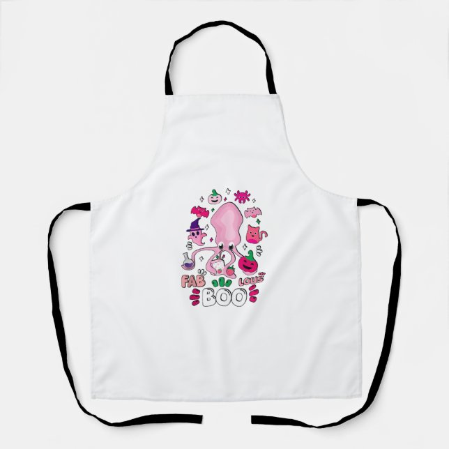 Funny Halloween Pink Cat Ghost Juggling Octopus Fa Apron (Front)
