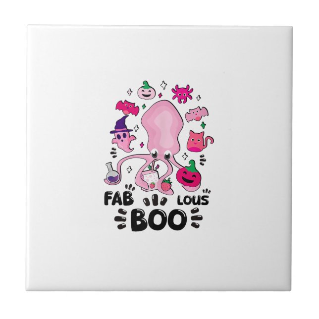 Funny Halloween Pink Cat Ghost Juggling Octopus Fa Tile (Front)
