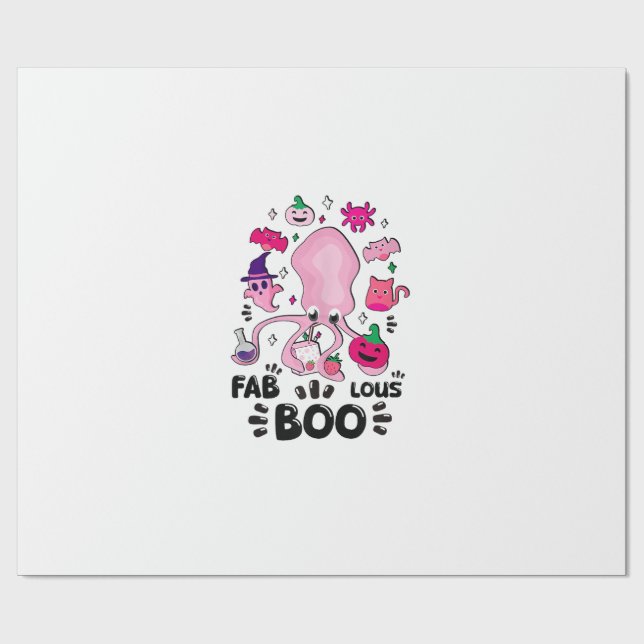 Funny Halloween Pink Cat Ghost Juggling Octopus Fa Wrapping Paper (Flat)
