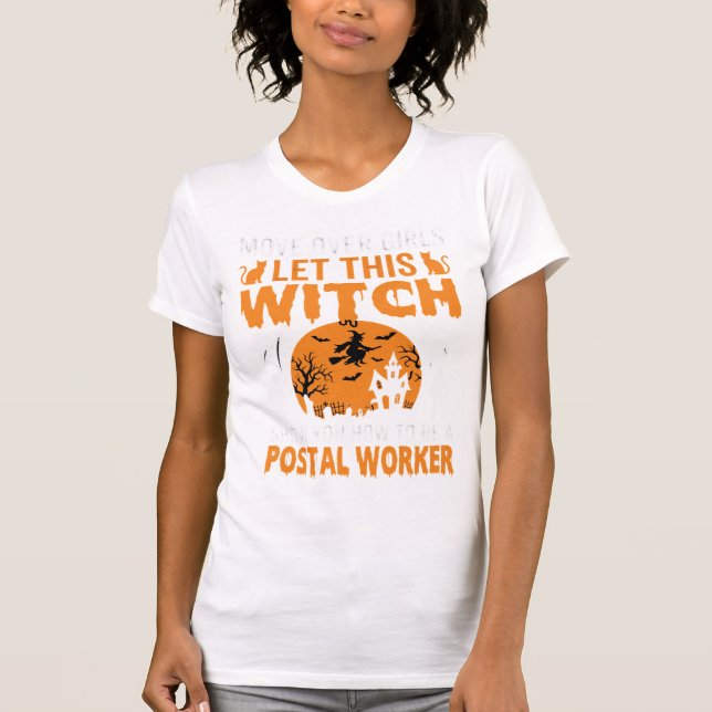 Funny Halloween Postal Worker Witch Cat Graphic T-Shirt (Front)
